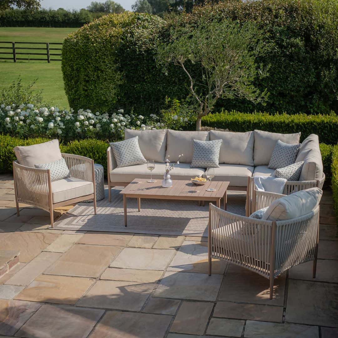 natural linen rope weave corner sofa set with two single chairs and wood effect aluminium frame