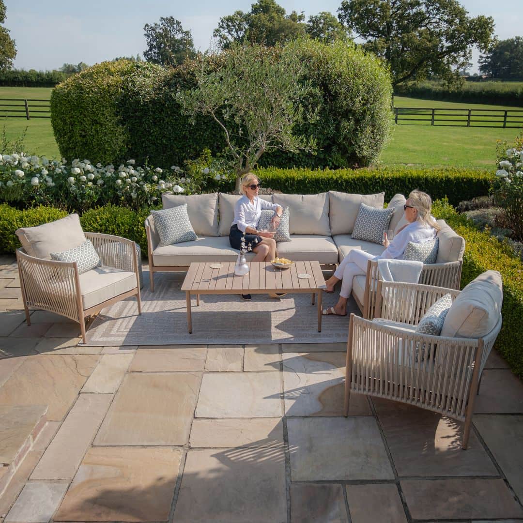 natural linen rope weave corner sofa set with two single chairs and wood effect aluminium frame