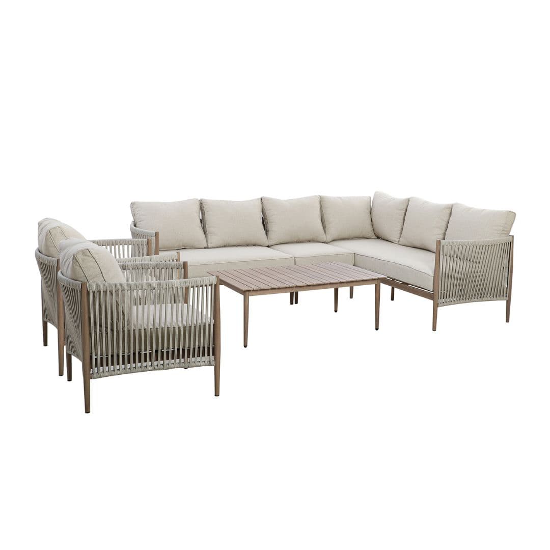 natural linen rope weave corner sofa set with two single chairs and wood effect aluminium frame