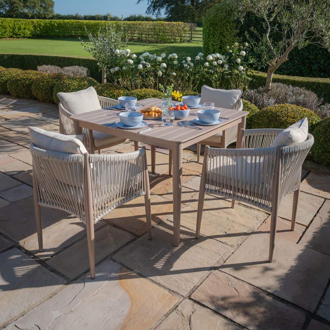 natural linen rope weave 4 seat dining set with wood effect aluminium frame