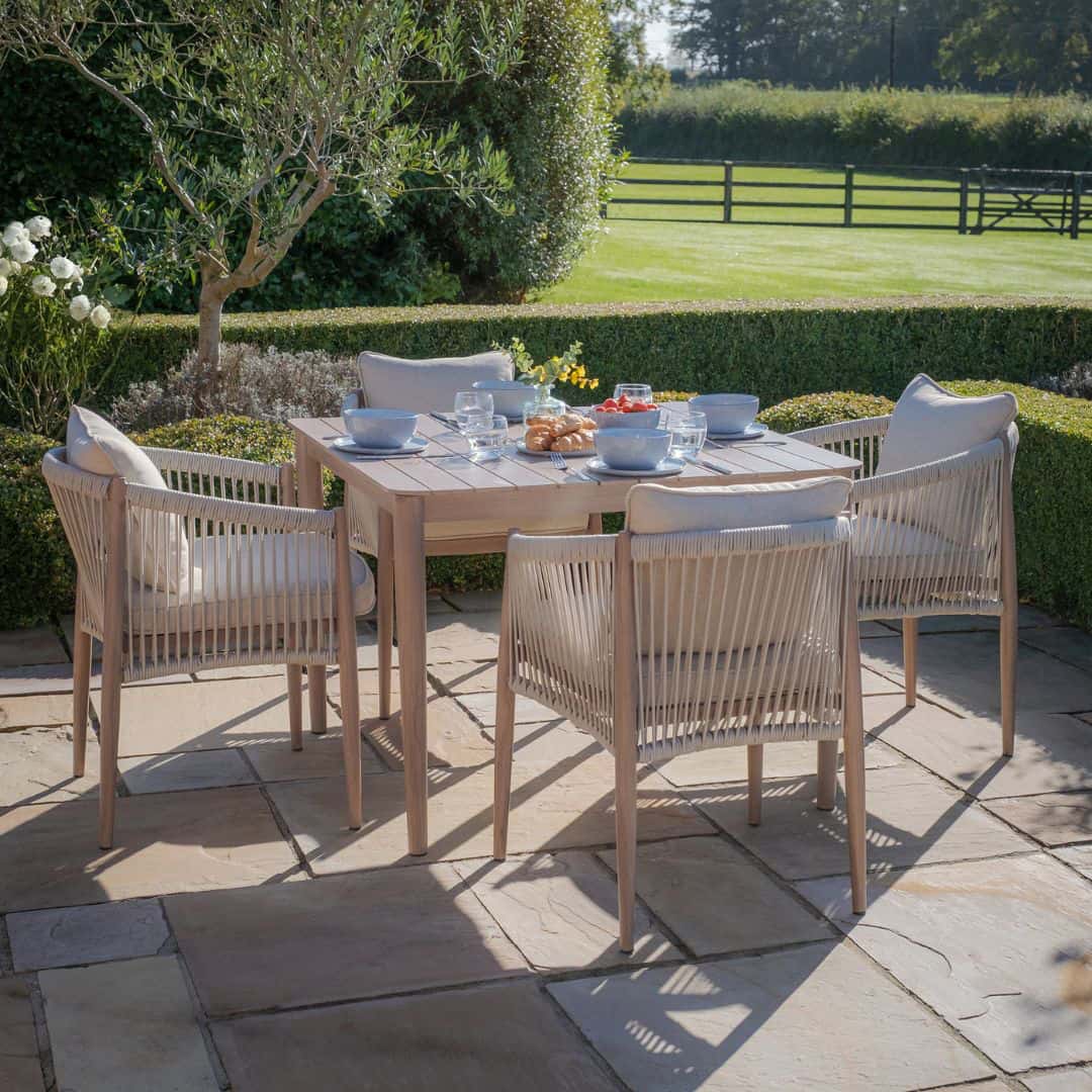 natural linen rope weave 4 seat dining set with wood effect aluminium frame
