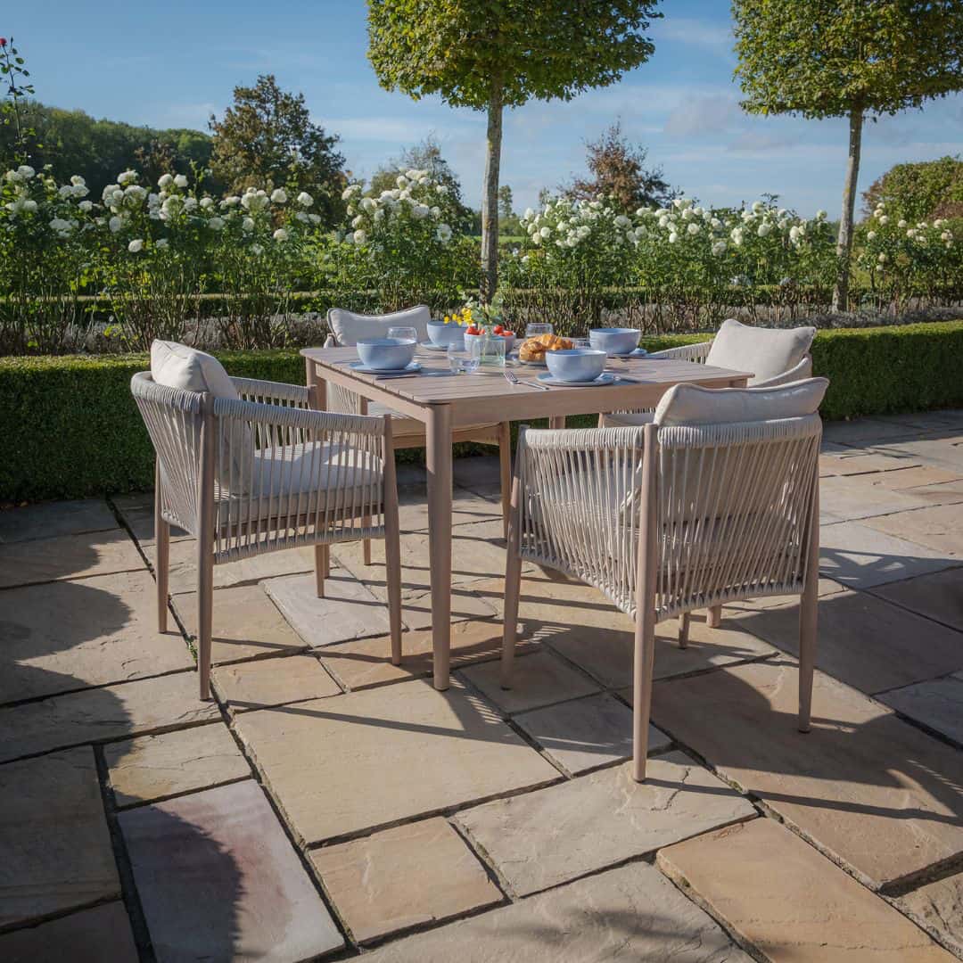 natural linen rope weave 4 seat dining set with wood effect aluminium frame