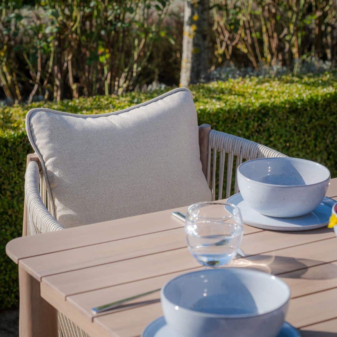 natural linen rope weave 4 seat dining set with wood effect aluminium frame