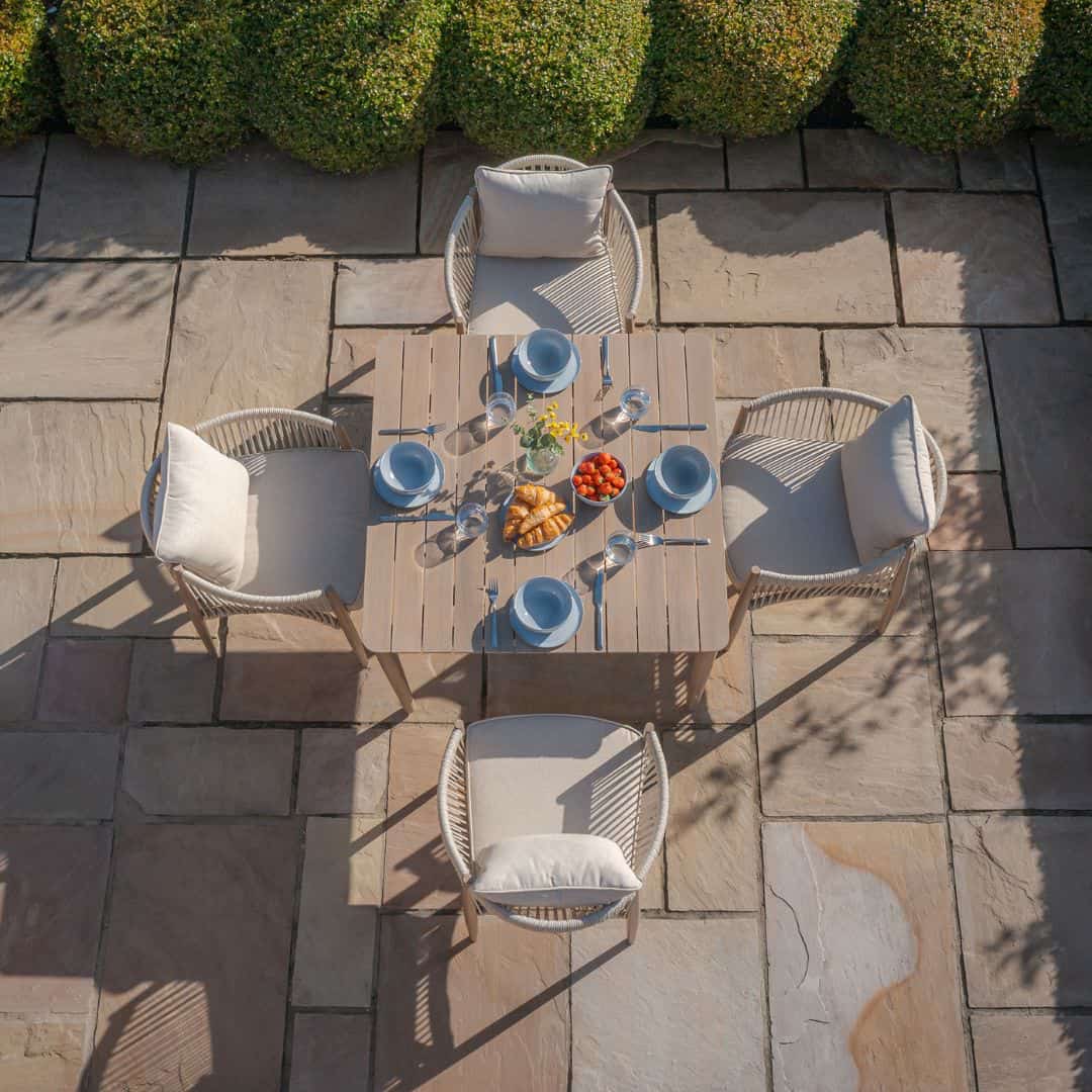 natural linen rope weave 4 seat dining set with wood effect aluminium frame