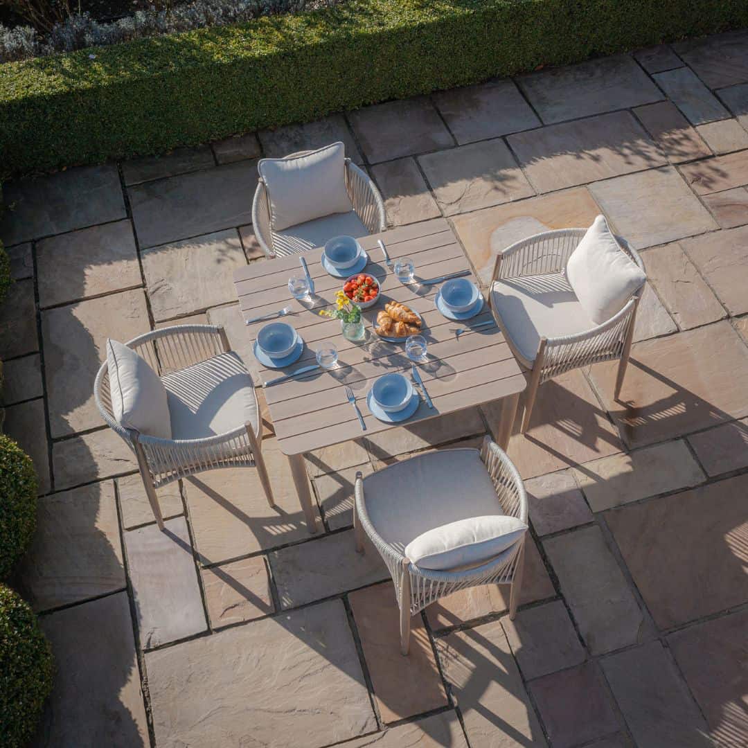 natural linen rope weave 4 seat dining set with wood effect aluminium frame