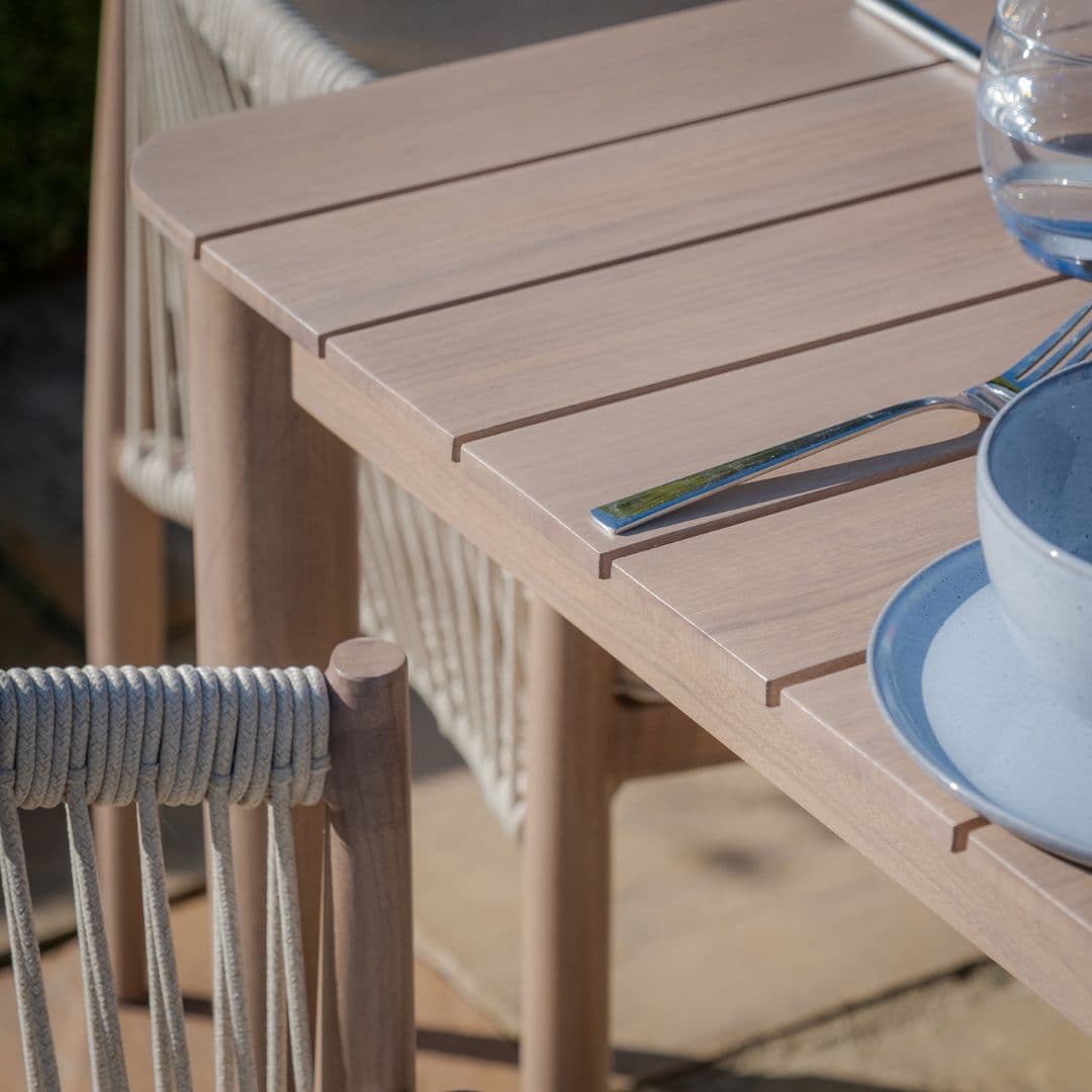 natural linen rope weave 6 seat dining set with wood effect aluminium frame