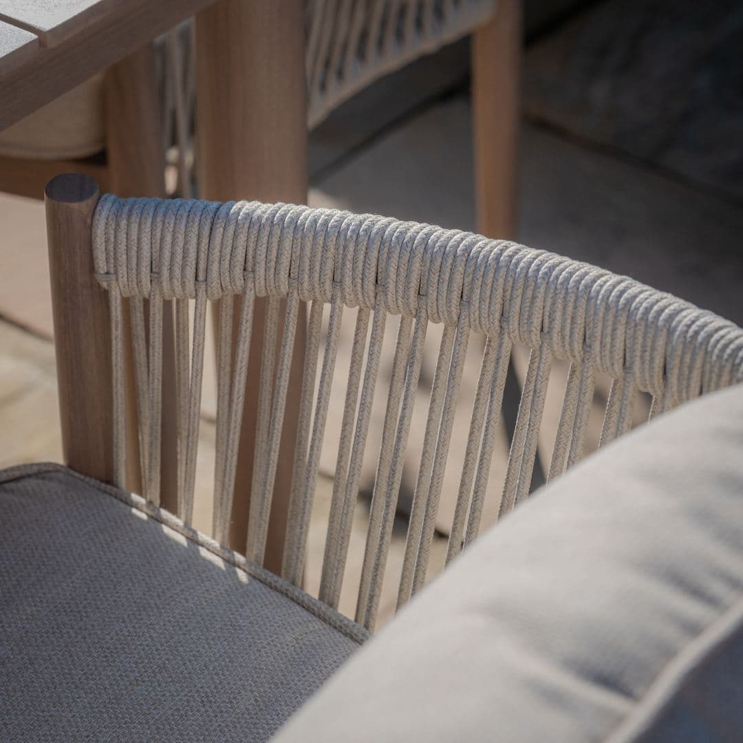 natural linen rope weave 6 seat dining set with wood effect aluminium frame