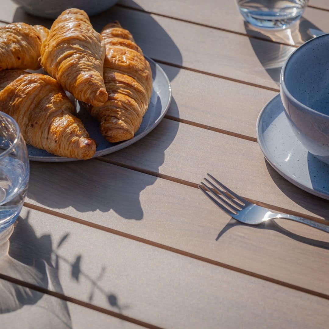 natural linen rope weave 6 seat dining set with wood effect aluminium frame