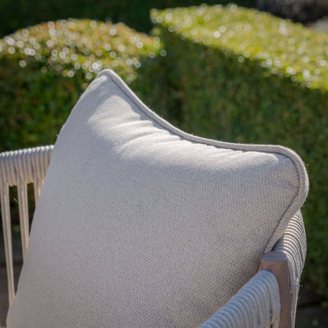 natural linen rope weave 6 seat dining set with wood effect aluminium frame