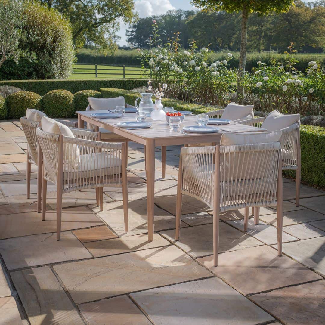 natural linen rope weave 6 seat dining set with wood effect aluminium frame