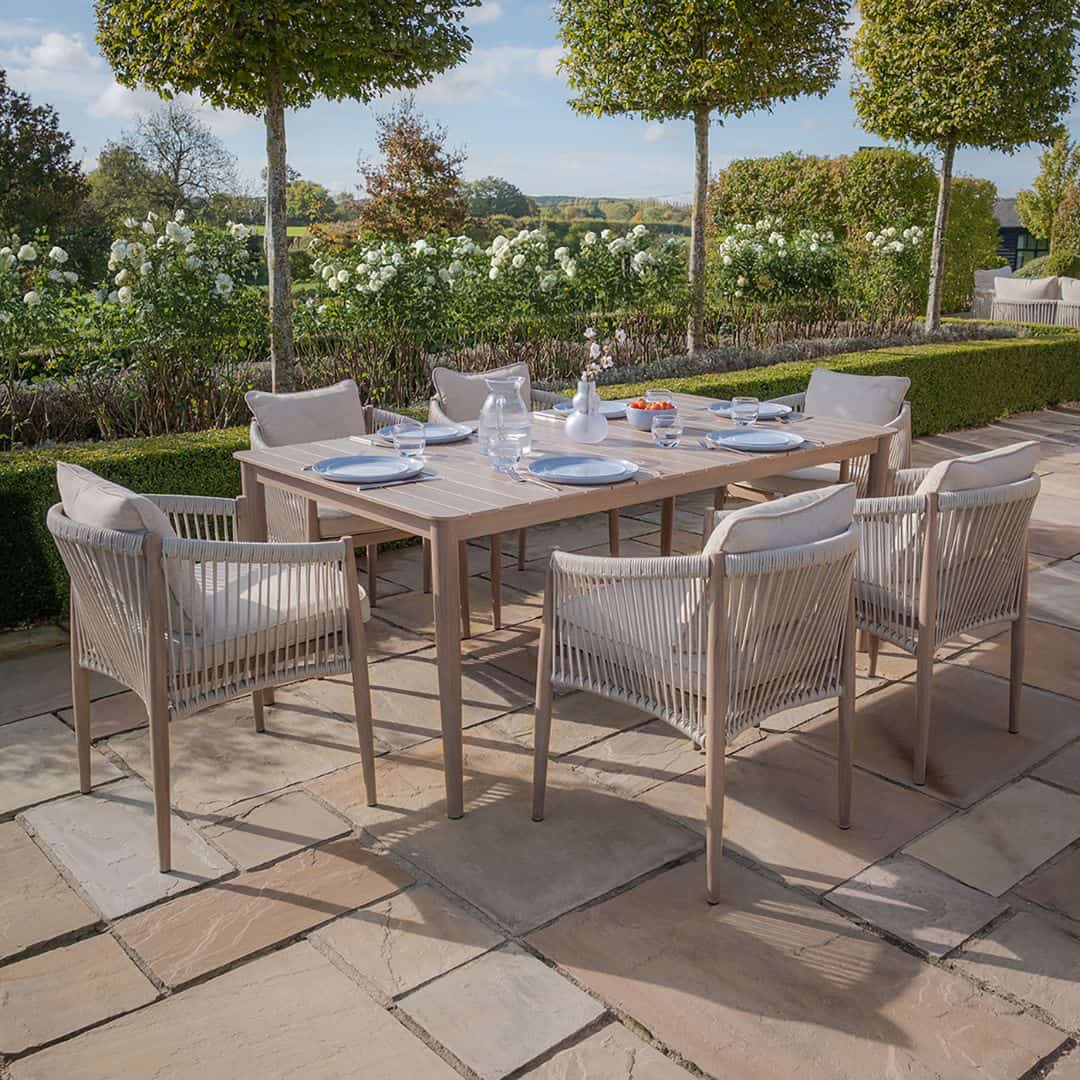 natural linen rope weave 6 seat dining set with wood effect aluminium frame