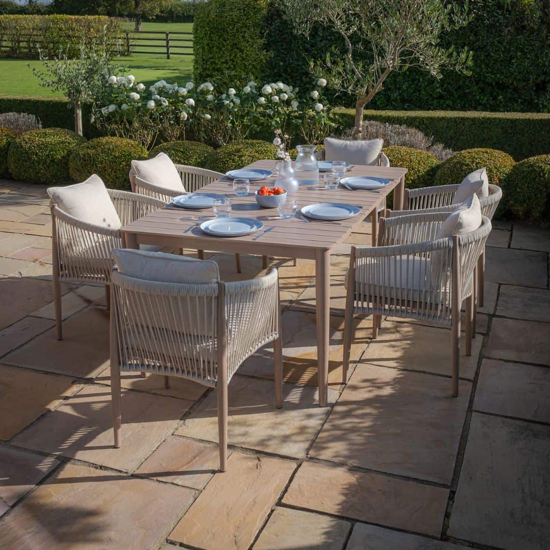 natural linen rope weave 6 seat dining set with wood effect aluminium frame