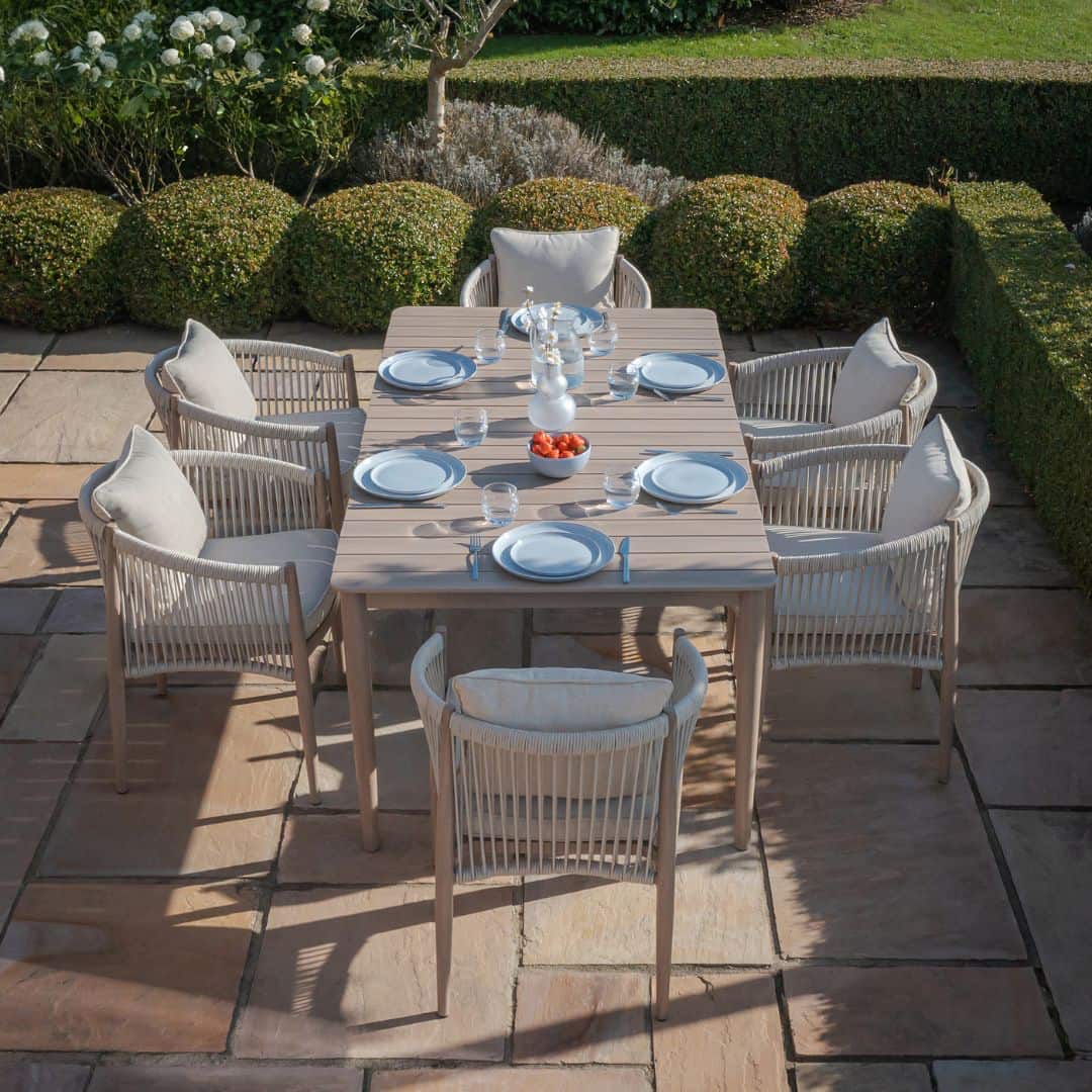natural linen rope weave 6 seat dining set with wood effect aluminium frame