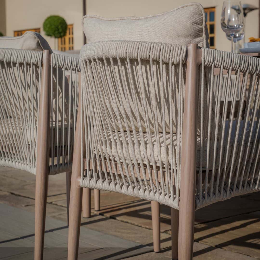 natural linen rope weave 6 seat dining set with wood effect aluminium frame