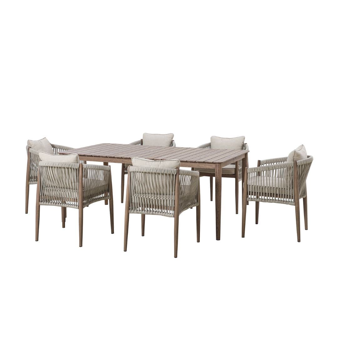 natural linen rope weave 6 seat dining set with wood effect aluminium frame
