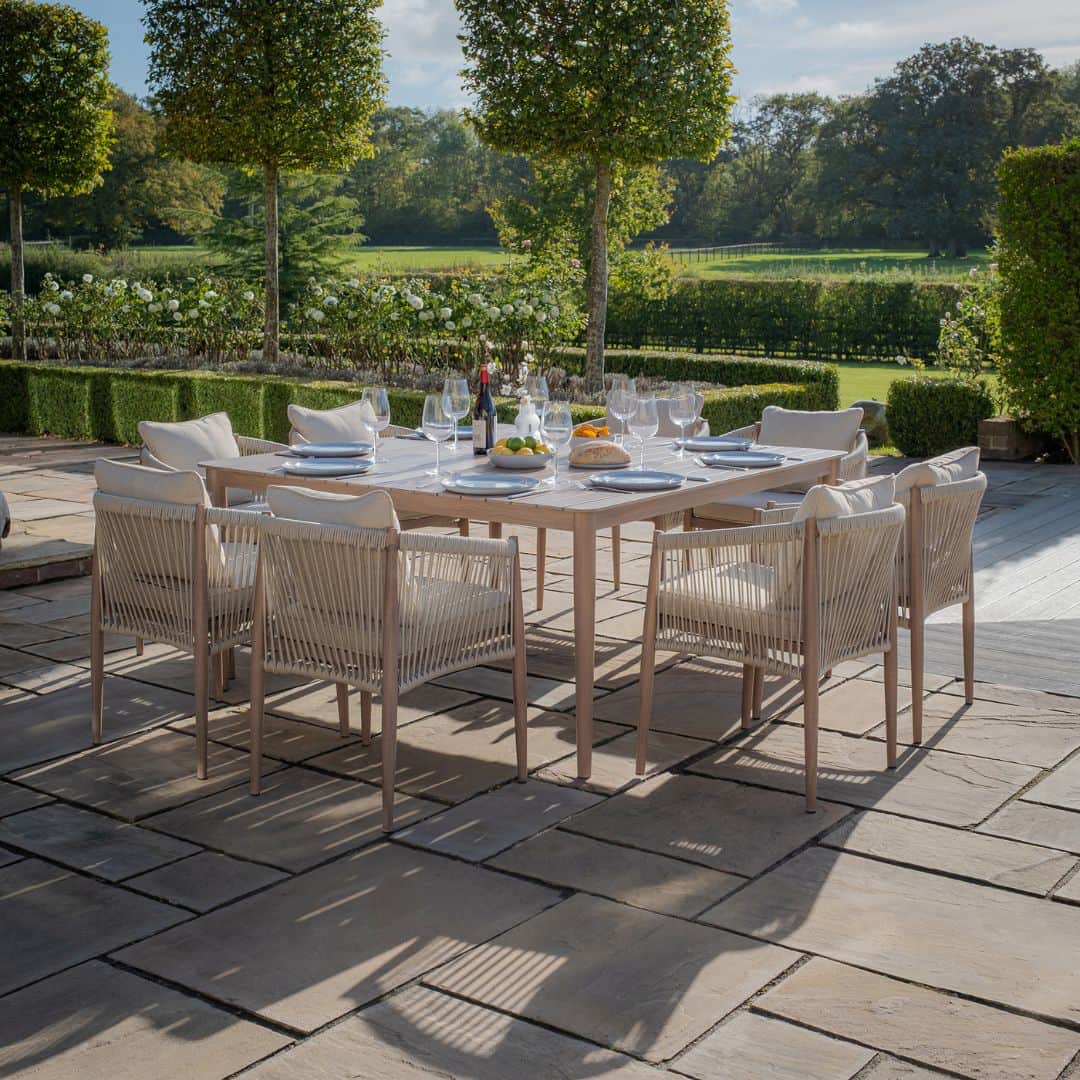 natural linen rope weave 8 seat dining set with wood effect aluminium frame