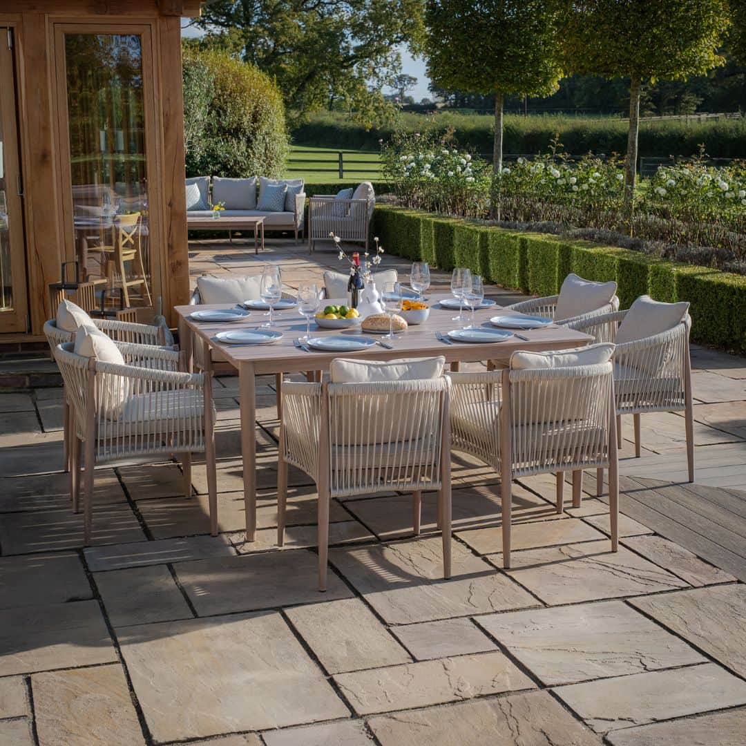 natural linen rope weave 8 seat dining set with wood effect aluminium frame