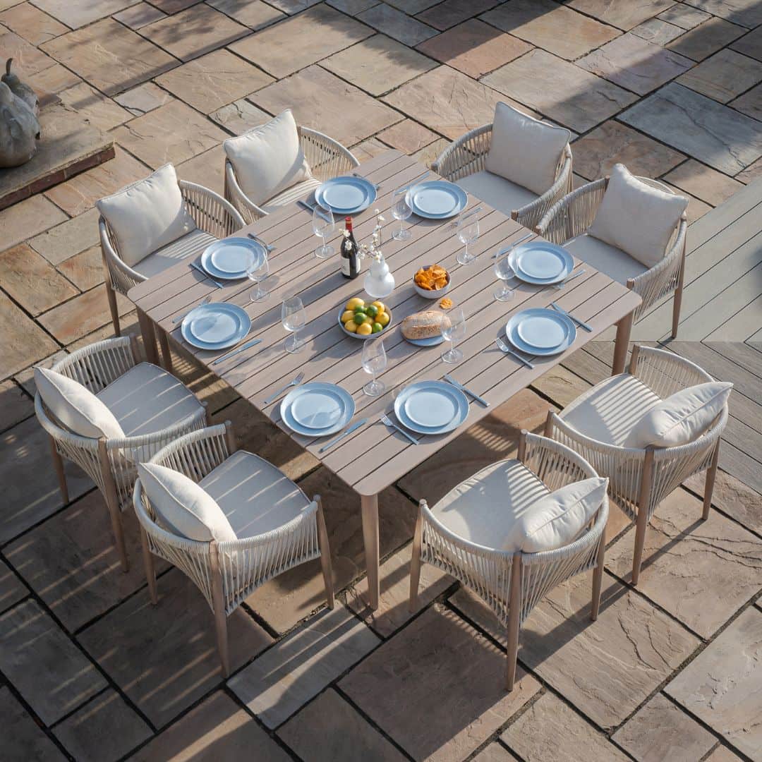 natural linen rope weave 8 seat dining set with wood effect aluminium frame