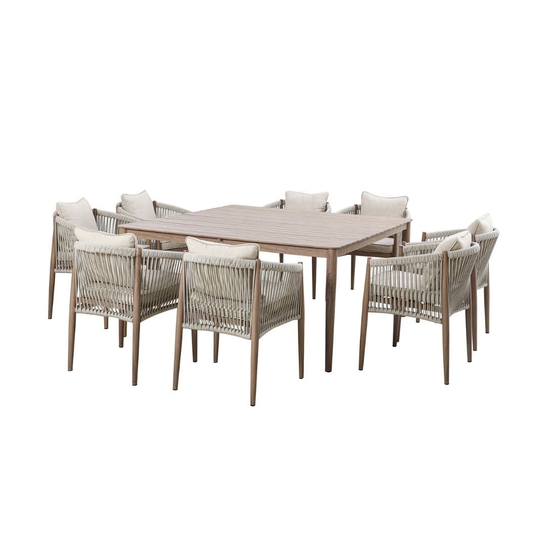 natural linen rope weave 8 seat dining set with wood effect aluminium frame