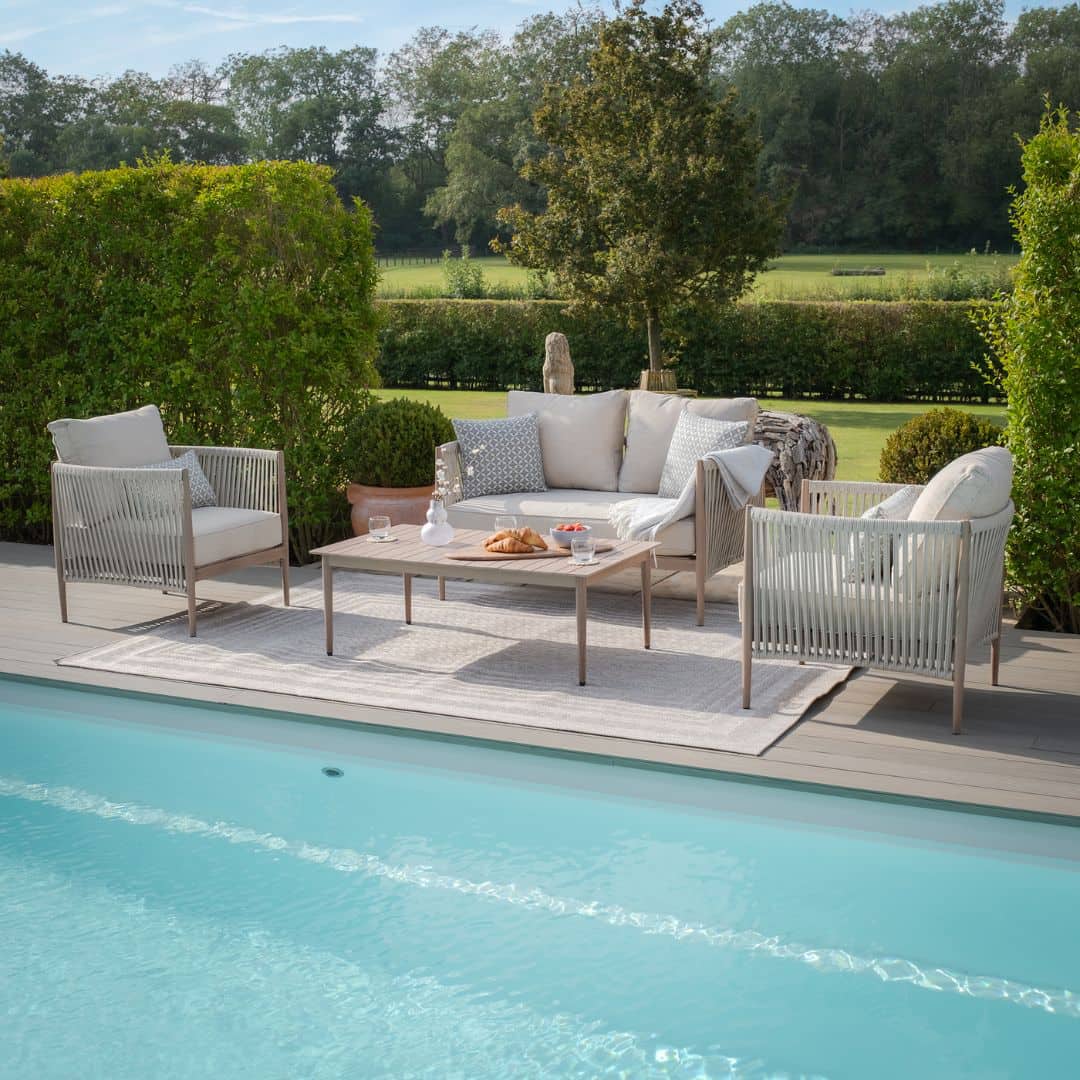 natural linen rope weave sofa set with wood effect aluminium frame
