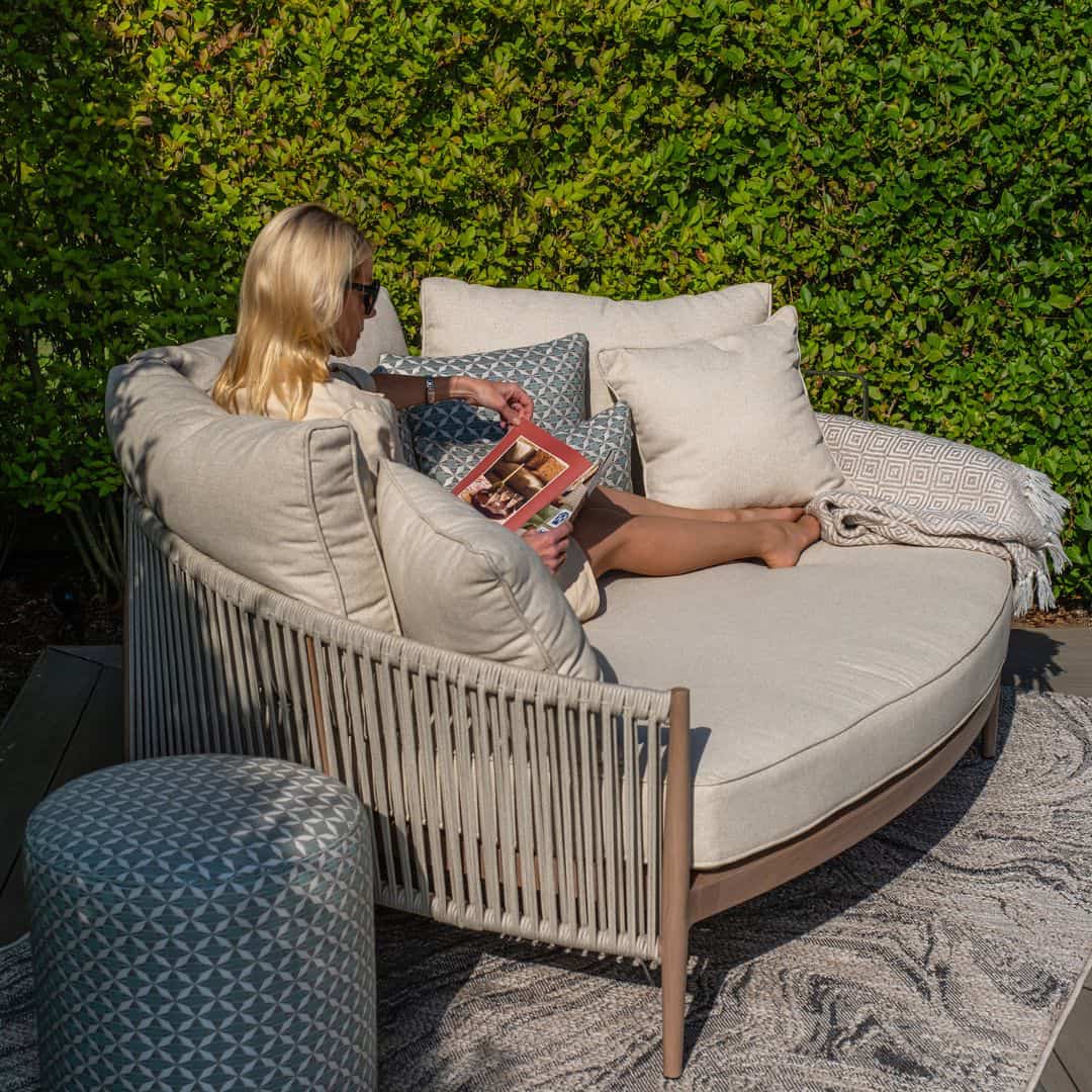natural linen rope weave outdoor daybed with wood effect aluminium frame
