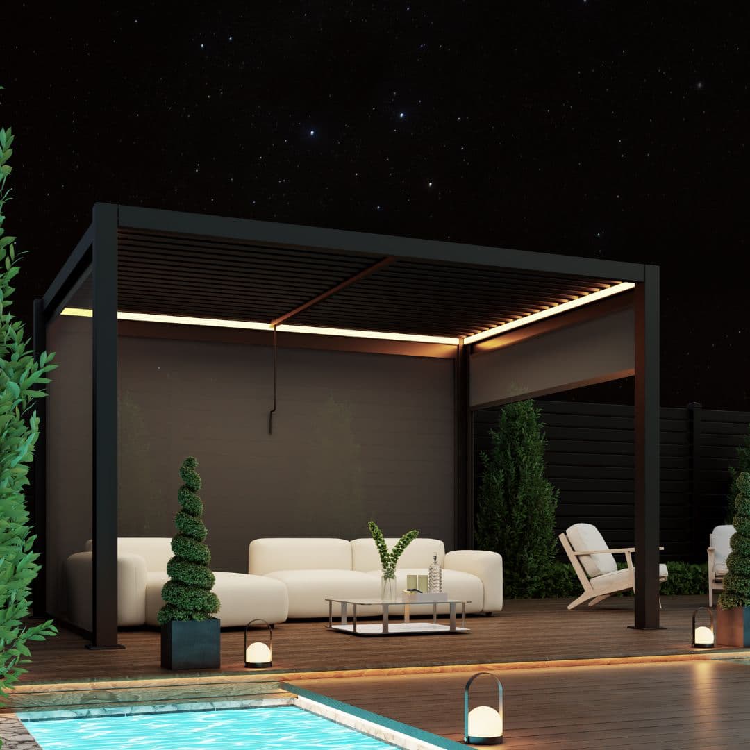 3m x 4m anthracite grey aluminium pergola with manual louvred roof and led lighting