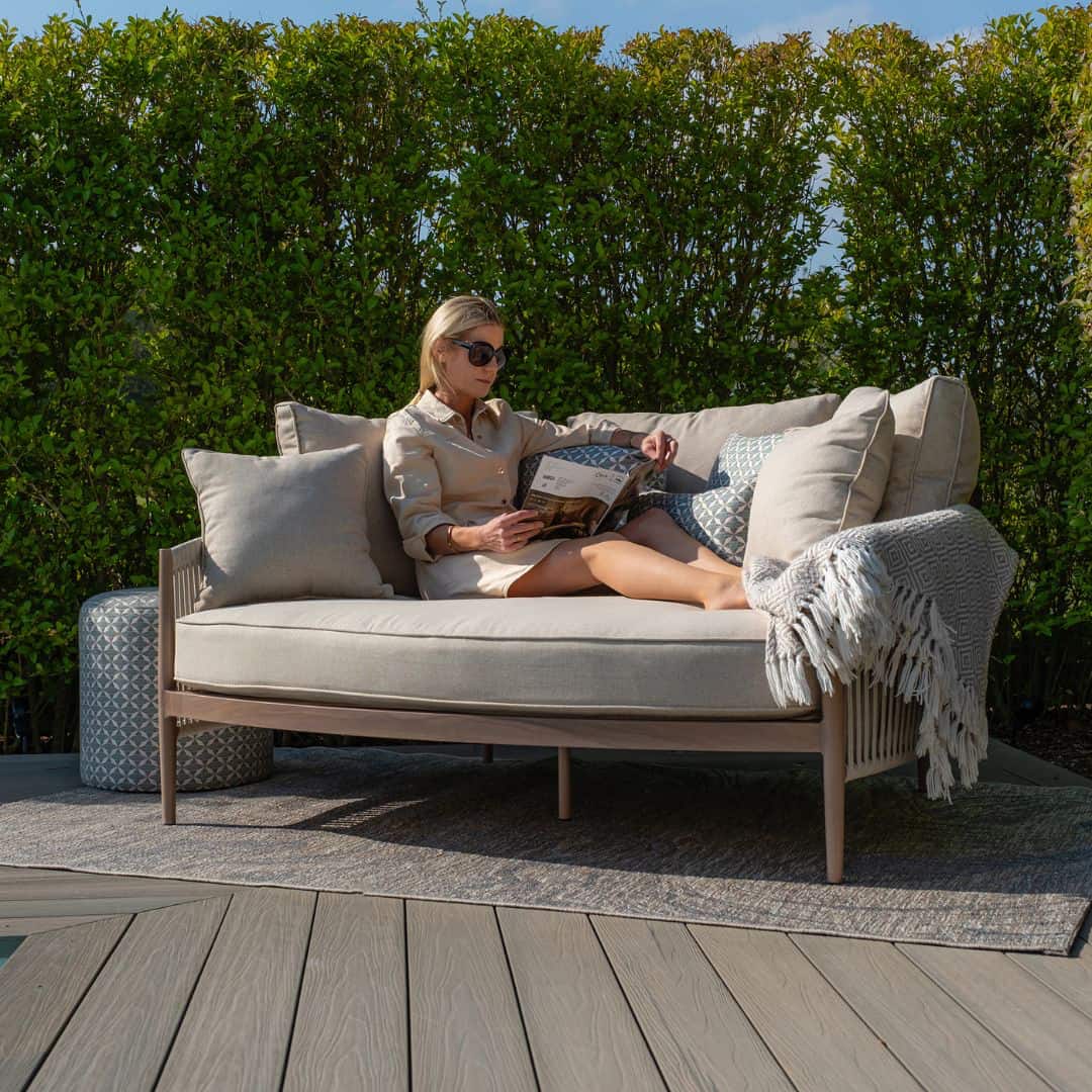 natural linen rope weave outdoor daybed with wood effect aluminium frame