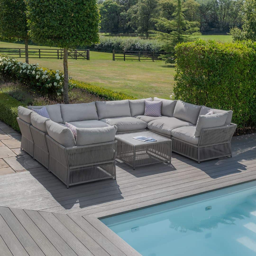 Light grey coloured rope weave u shape sofa with matching coffee table.