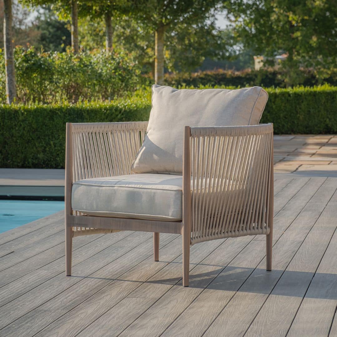 natural linen rope weave garden lounge chair with wood effect aluminium frame
