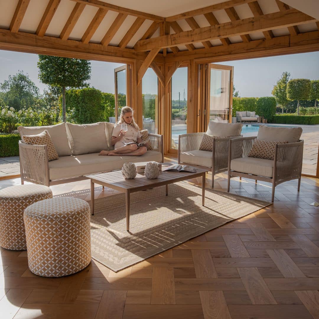 natural linen rope weave sofa set with wood effect aluminium frame