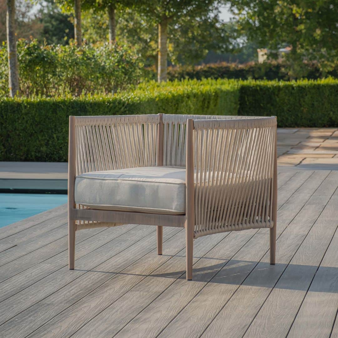 natural linen rope weave garden lounge chair with wood effect aluminium frame