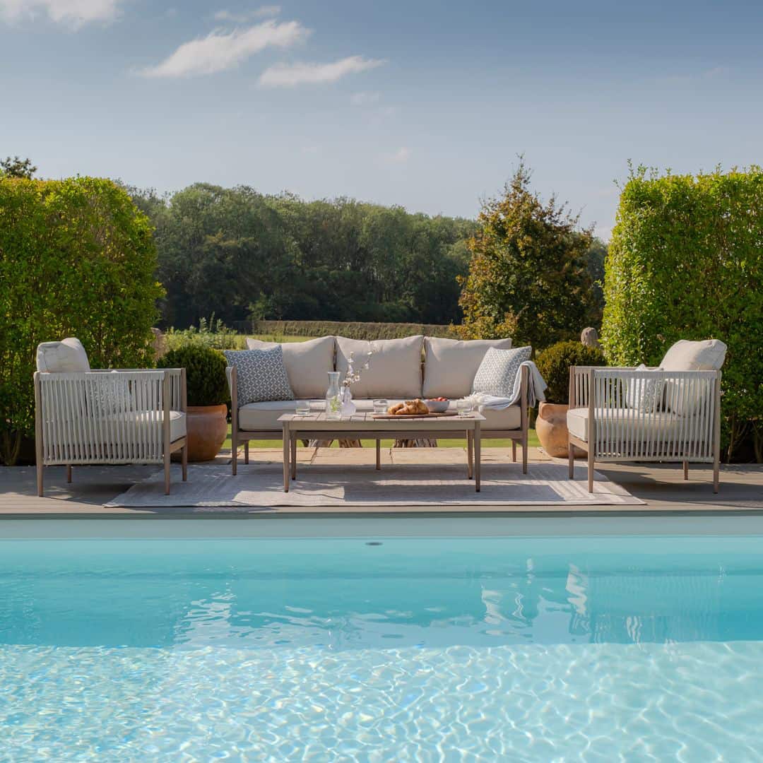 natural linen rope weave sofa set with wood effect aluminium frame