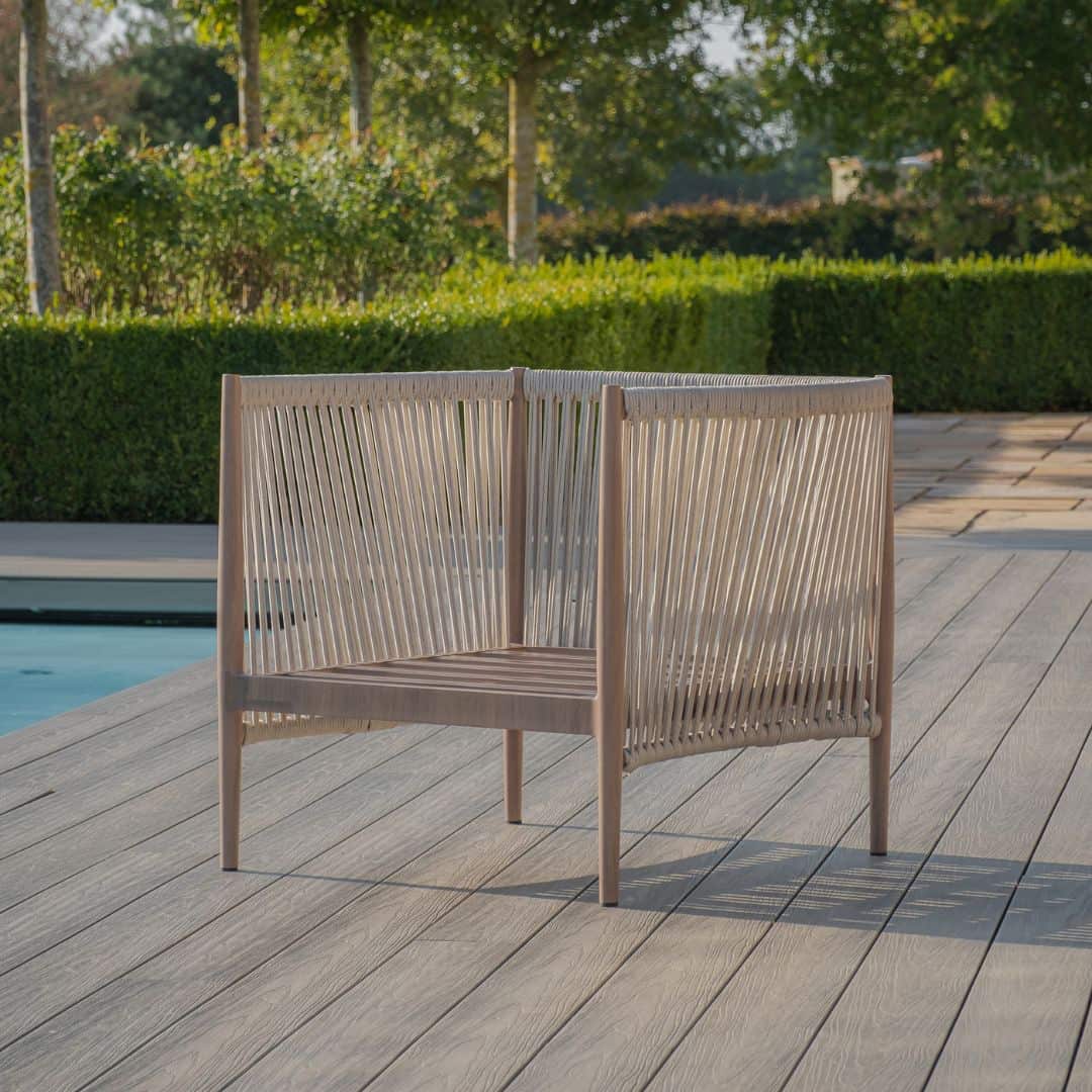 natural linen rope weave garden lounge chair with wood effect aluminium frame
