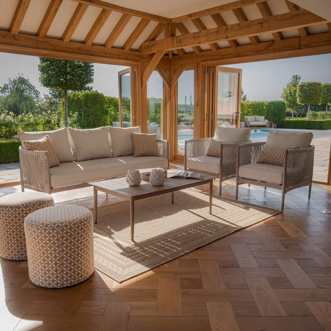 natural linen rope weave sofa set with wood effect aluminium frame