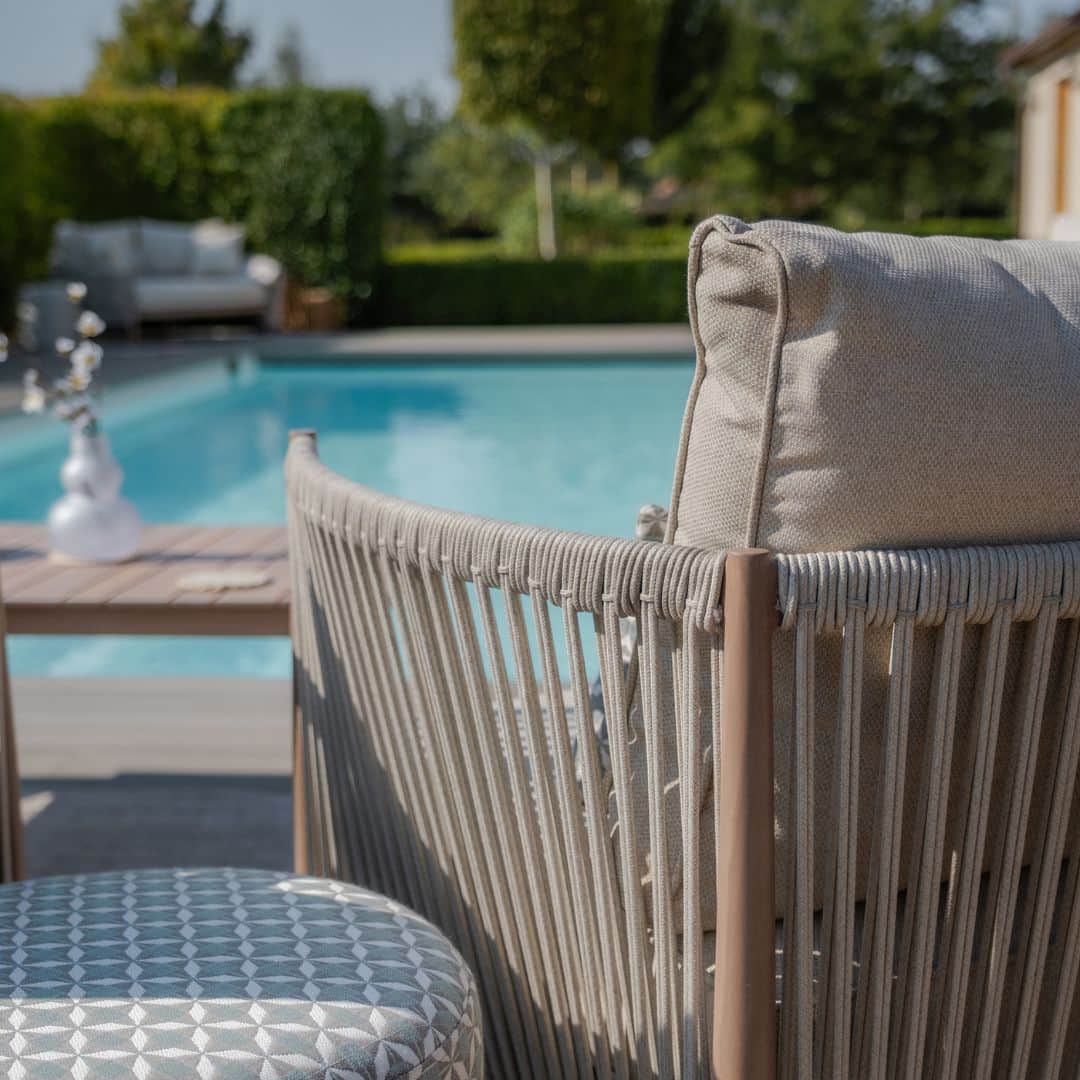 natural linen rope weave garden lounge chair with wood effect aluminium frame