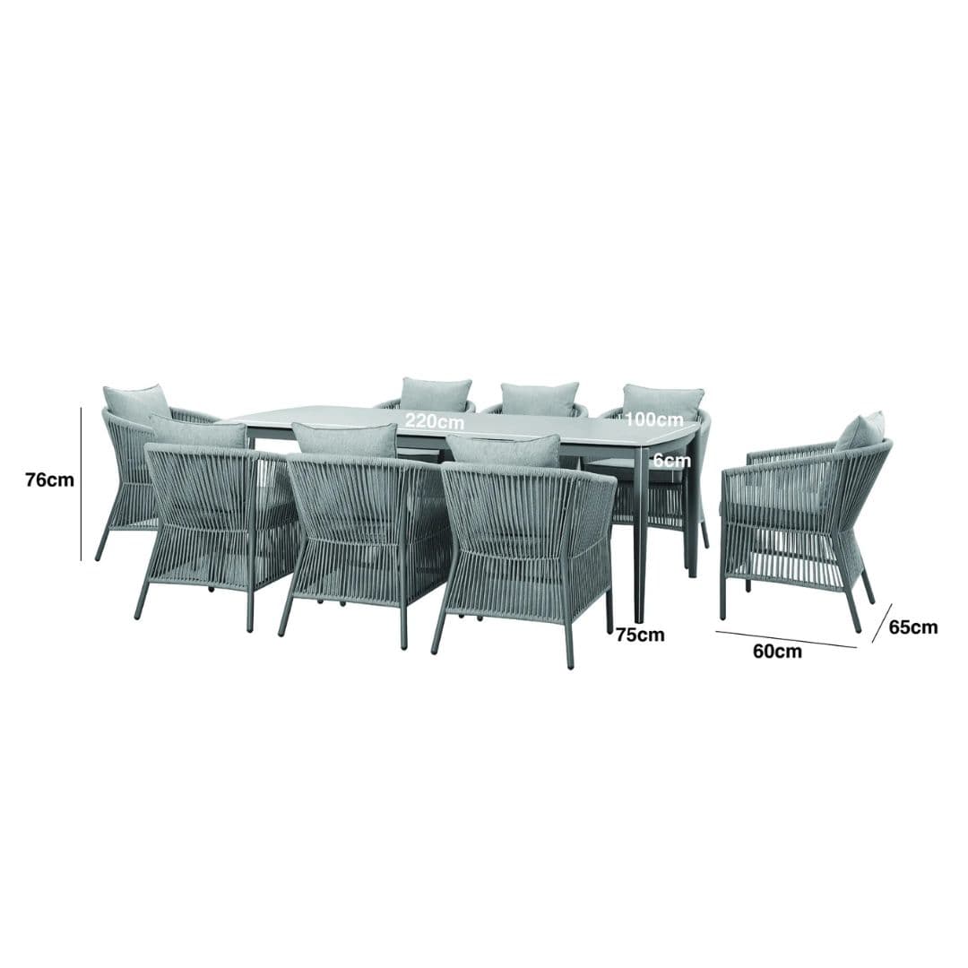 dimension footprint of a Light grey coloured rope weave 8 seat dining set
