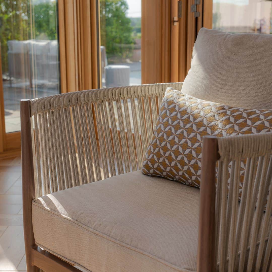 natural linen rope weave garden lounge chair with wood effect aluminium frame