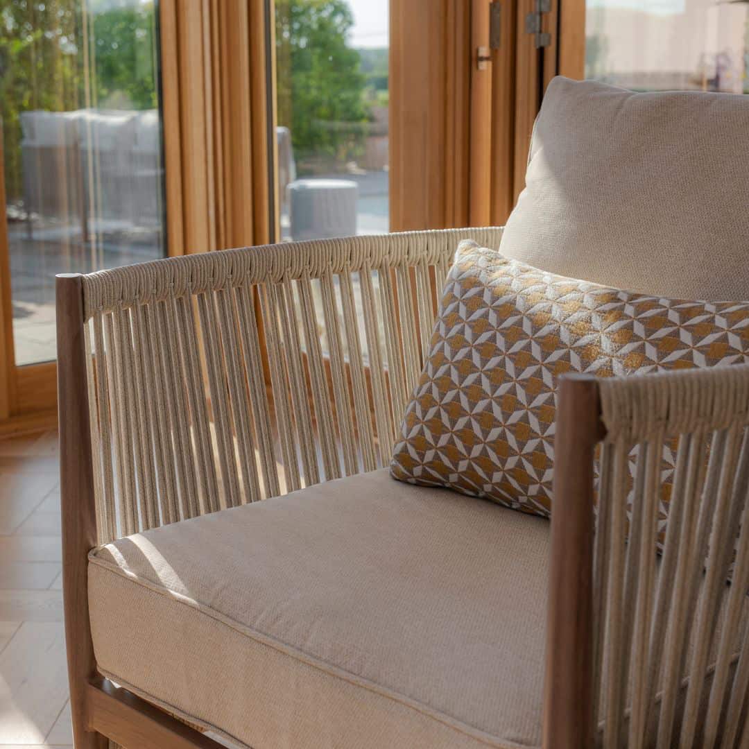 natural linen rope weave sofa set with wood effect aluminium frame