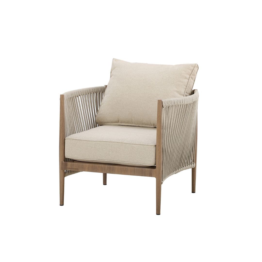 natural linen rope weave garden lounge chair with wood effect aluminium frame