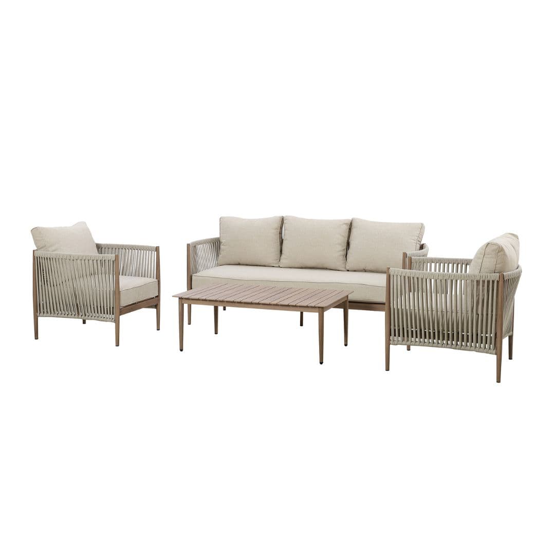natural linen rope weave sofa set with wood effect aluminium frame