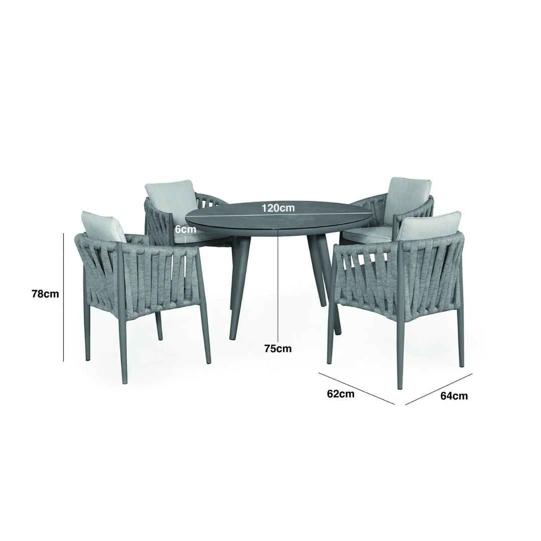 Dimension Footprint of a Rope Weave Fabric 4 Seat Round Dining Set