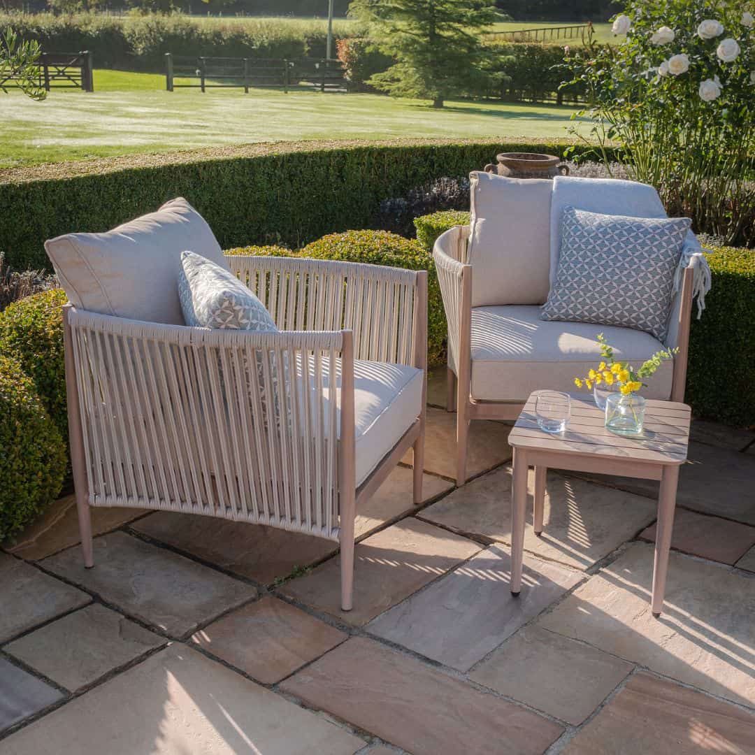 natural linen rope weave bistro set with wood effect aluminium frame