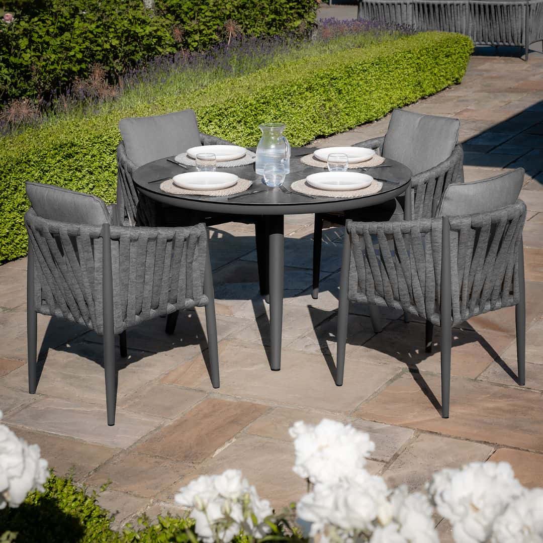 Mid Grey Rope Weave Fabric and Charcoal Frame 4 Seat Round Dining Set with Lazy Susan #colour_mid grey and charcoal