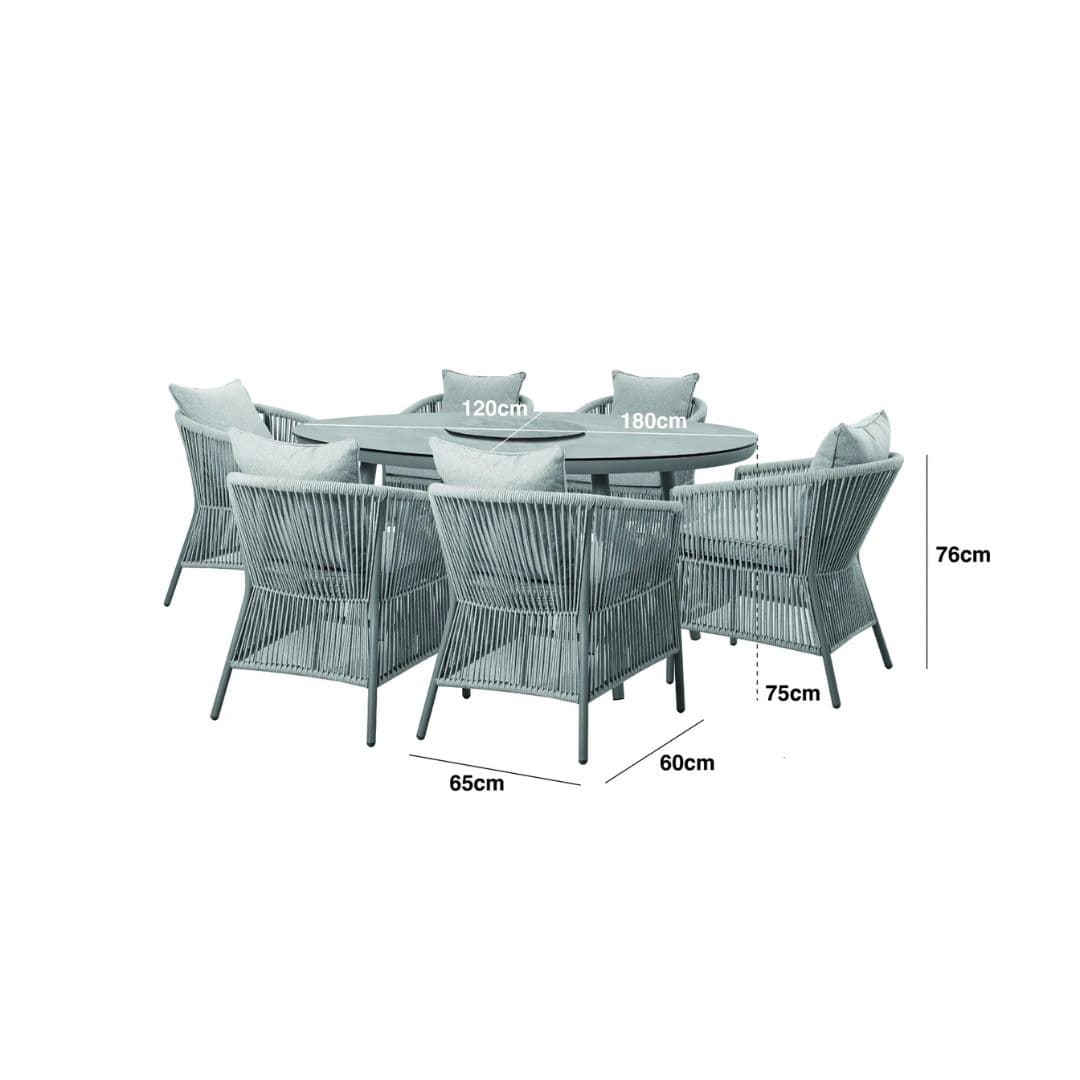 dimension footprint of a Light grey coloured rope weave 6 seat dining set