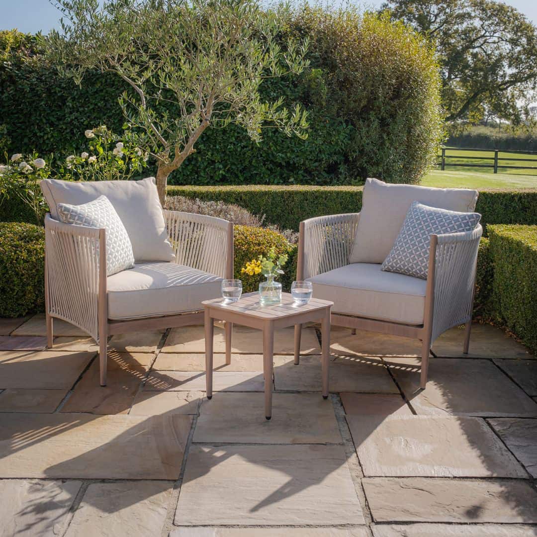 natural linen rope weave bistro set with wood effect aluminium frame