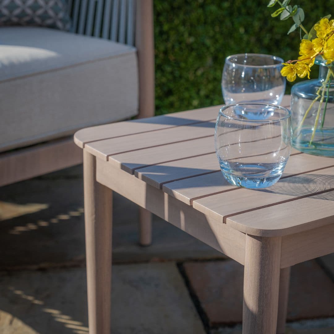 natural linen rope weave bistro set with wood effect aluminium frame
