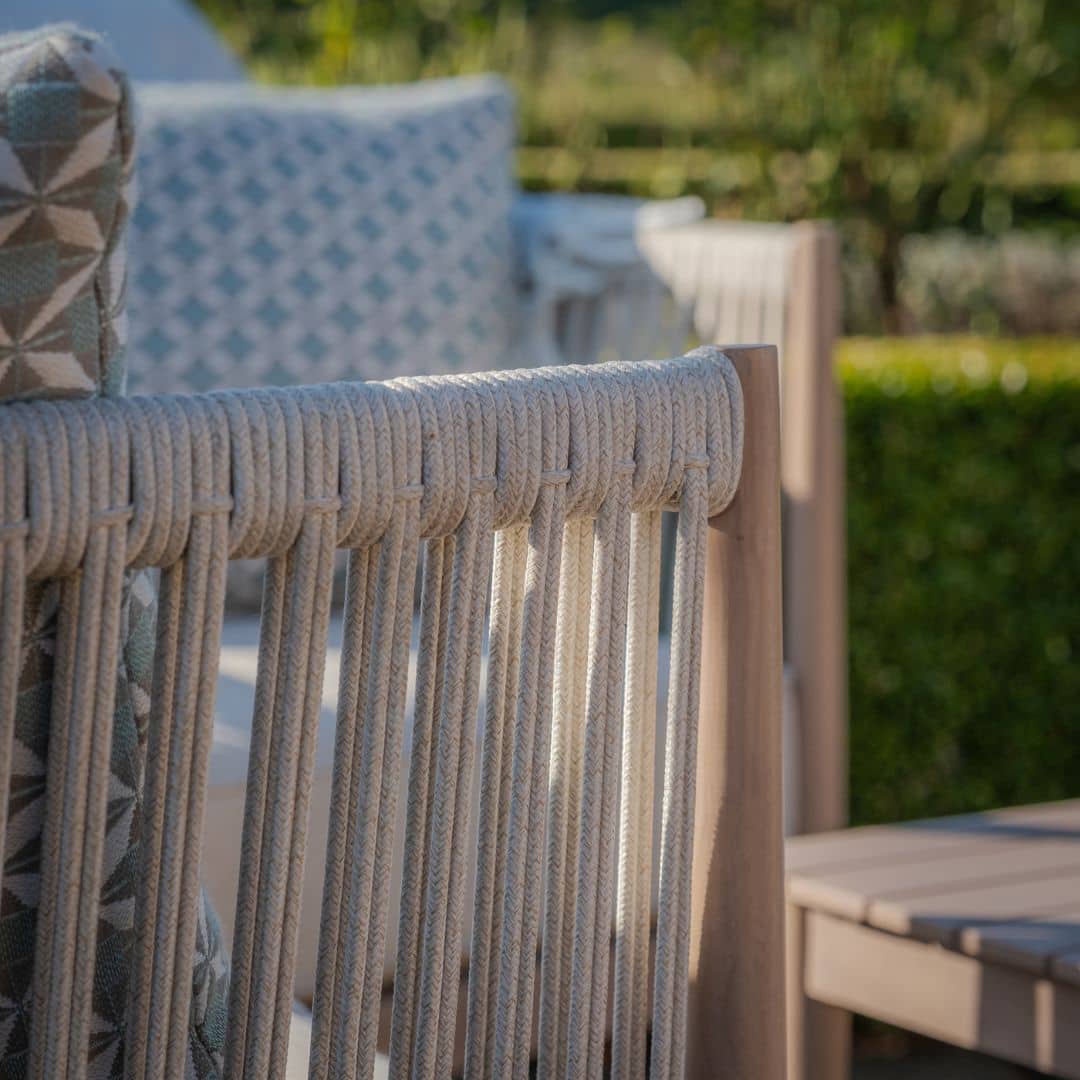 natural linen rope weave bistro set with wood effect aluminium frame
