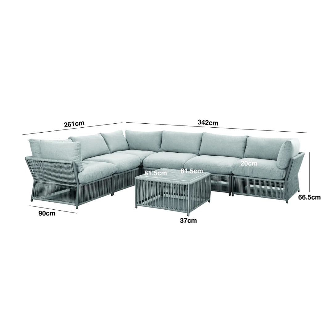 dimension footprint of a Light grey coloured rope weave corner sofa set