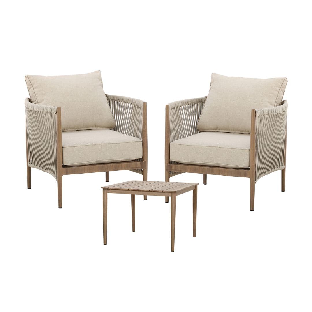 natural linen rope weave bistro set with wood effect aluminium frame