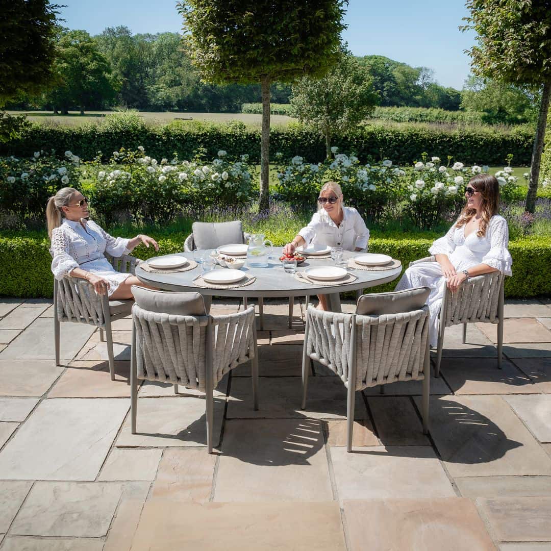 Light Grey Rope Weave Fabric and Grey Frame 6 Seat Oval Dining Set with Lazy Susan #colour_cool linen and dawn grey